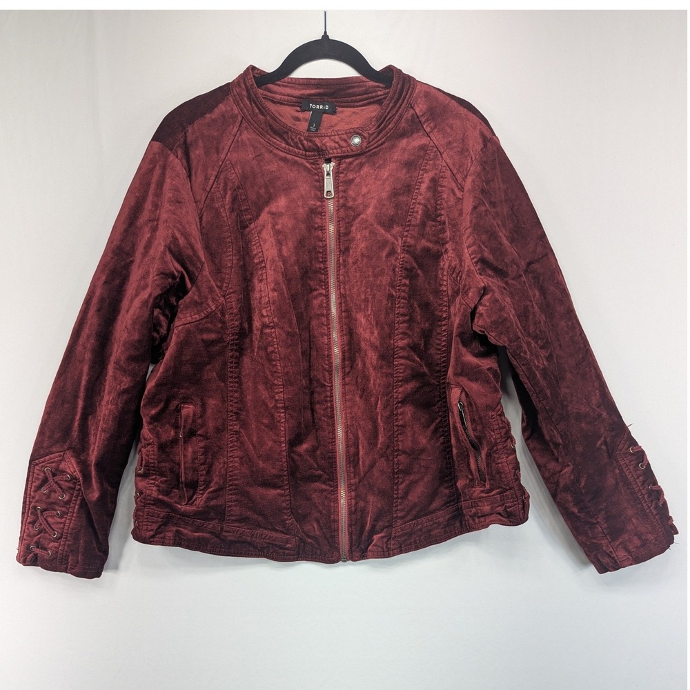 Torrid Womens Burgundy Faux Suede Moto Jacket Lace Up Sleeve Zip Front Size 3